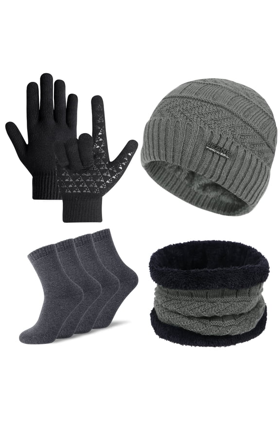 5 Pcs Winter Beanie Hat Scarf Touchscreen Gloves Set with Wool Socks for Men Women Gray