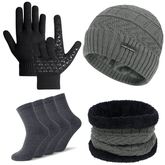 Loritta 5 Pcs Winter Beanie Hat Scarf Touchscreen Gloves Set with Wool Socks for Men Women Gray