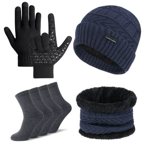 Loritta 5 Pcs Winter Beanie Hat Scarf Touchscreen Gloves Set with Wool Socks for Men Women Navy blue