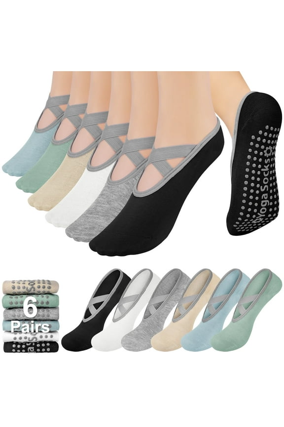 Non Slip Socks for Women Pilates Socks with Grippers for Workout, Ballet, Hospital 6 Packs