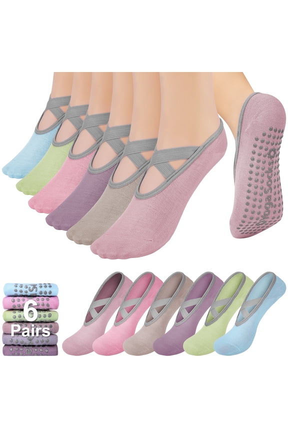 Non Slip Socks for Women Pilates Socks with Grippers for Workout, Ballet, Hospital 6 Packs