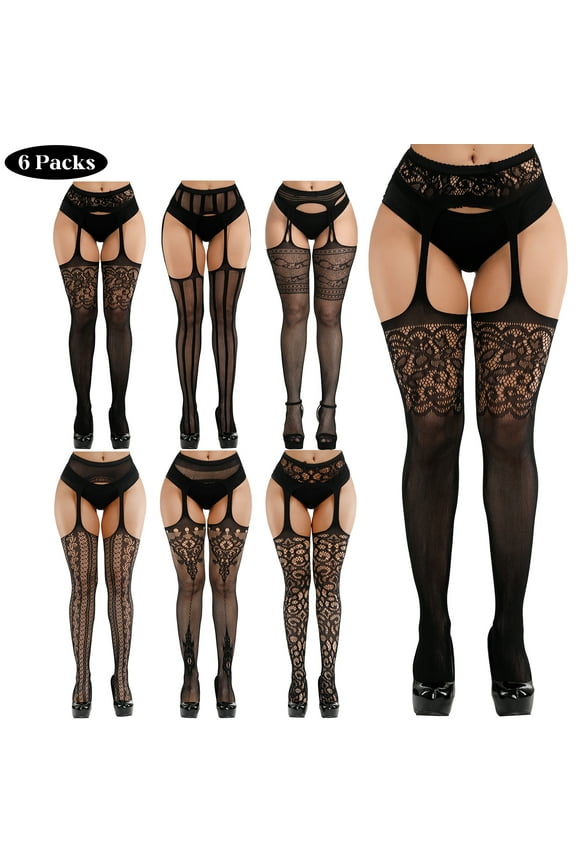 6 Pairs Women Fishnet Thigh High Stockings Suspender Pantyhose Stockings for Valentine's Day