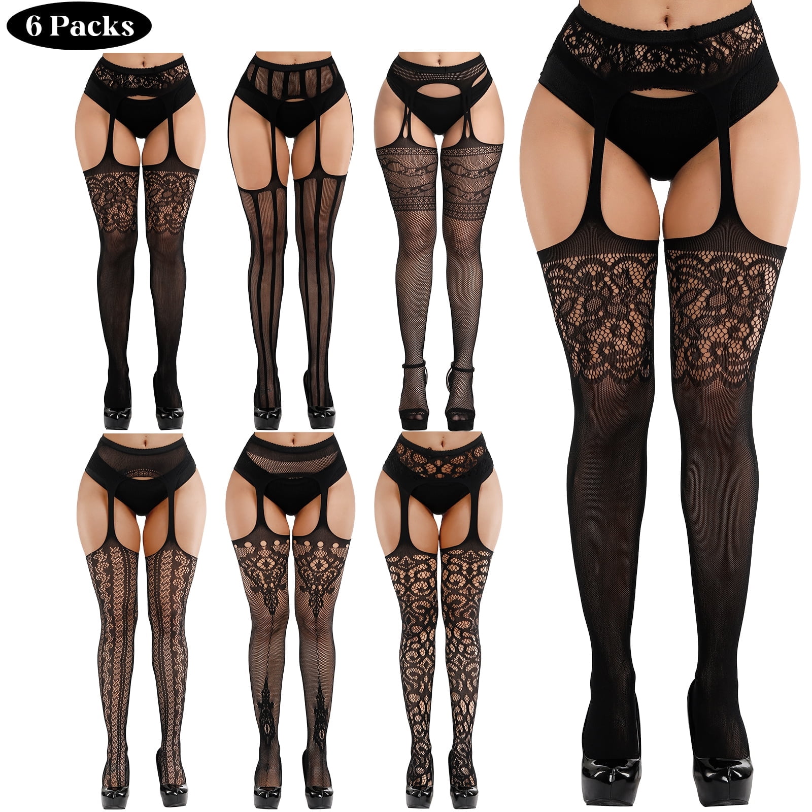 6 Pairs Women Fishnet Thigh High Stockings Suspender Pantyhose Stockings for Valentine's Day
