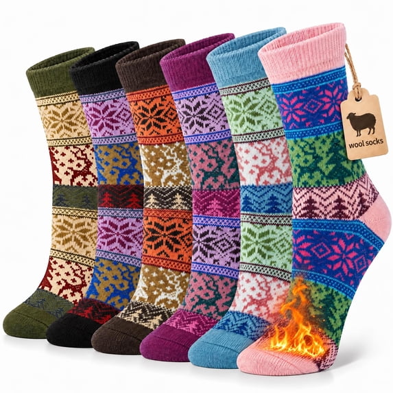 Loritta 6 Pairs Women's Cute Wool Crew Socks Cozy Fuzzy Warm Winter Socks with Fun Patterns, Gift Idea, Size 5-9