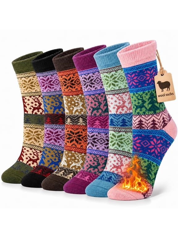 6 Pairs Women's Cute Wool Crew Socks Cozy Fuzzy Warm Winter Socks with Fun Patterns, Gift Idea, Size 5-9