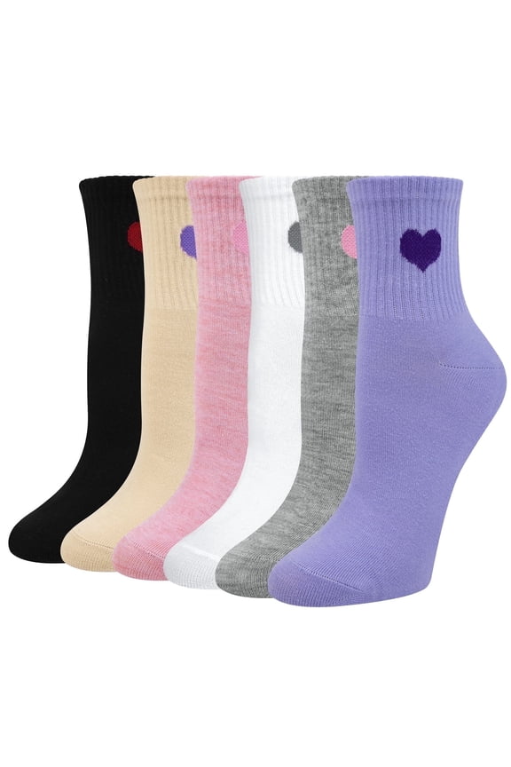 6 Pairs Womens Crew Socks Athletic Novelty Cute Heart Funny Cotton Socks Gifts, Size 5-9