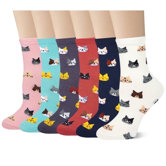 Loritta 6 Pairs Womens Crew Socks Cute Dog Cat Novelty Animal Cartoon Girl Socks Cotton Gifts, Size 5-9