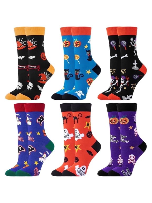 6 Pairs Womens Crew Socks Cotton Novelty Holiday Socks Halloween Gift Ladies, Size 5-9