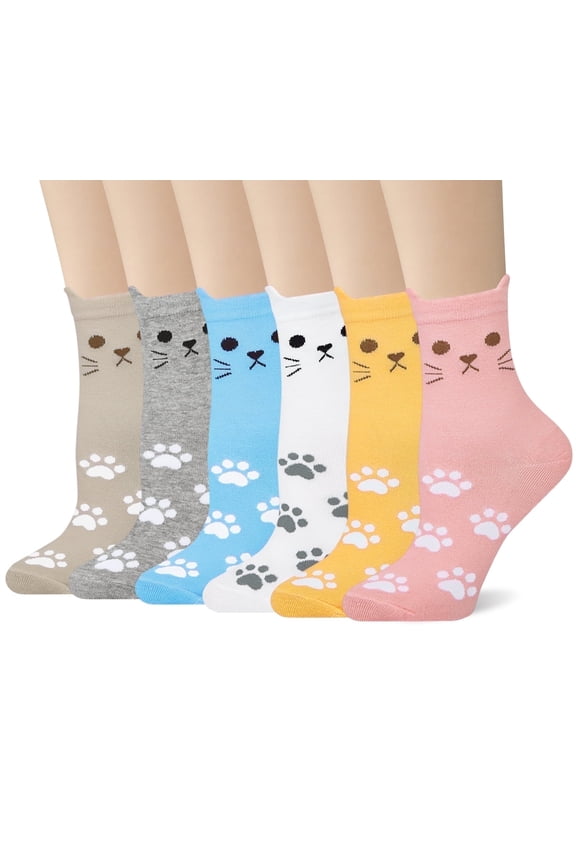 6 Pairs Womens Crew Socks Cute Dog Cat Novelty Animal Cartoon Girl Socks Cotton Gifts, Size 5-9
