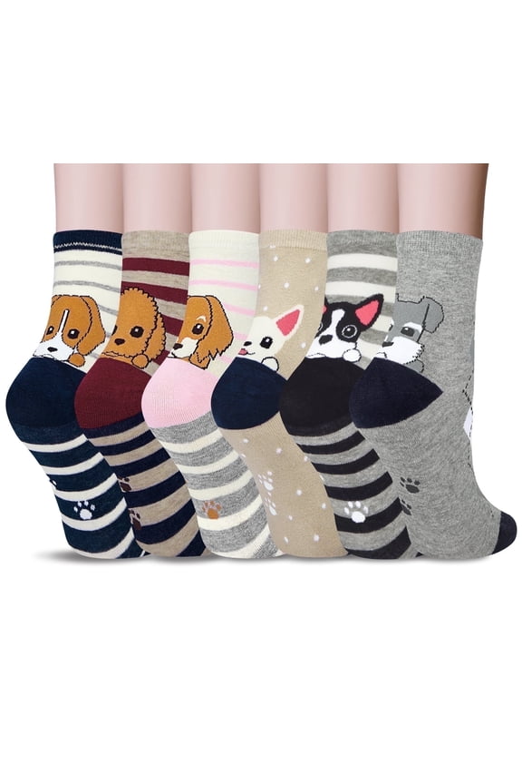 6 Pairs Womens Crew Socks Cute Dog Cat Novelty Animal Cartoon Girl Socks Cotton Gifts, Size 5-9