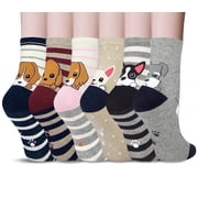 Loritta 6 Pairs Womens Crew Socks Cute Dog Cat Novelty Animal Cartoon Girl Socks Cotton Gifts, Size 5-9