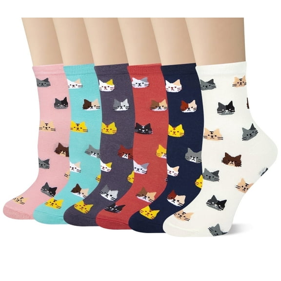 Loritta 6 Pairs Womens Crew Socks Cute Dog Cat Novelty Animal Cartoon Girl Socks Cotton Gifts, Size 5-9