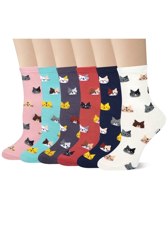 6 Pairs Womens Crew Socks Cute Dog Cat Novelty Animal Cartoon Girl Socks Cotton Gifts, Size 5-9
