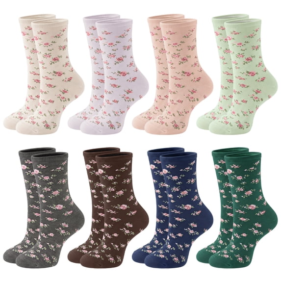 Loritta 8 Pairs Cotton Womens Socks Floral Pattern Crew Socks for Women Cute Flower Daily Wear Size 5-9