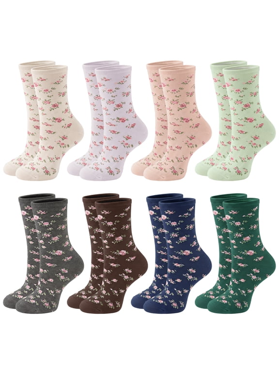 8 Pairs Cotton Womens Socks Floral Pattern Crew Socks for Women Cute Flower Daily Wear Size 5-9