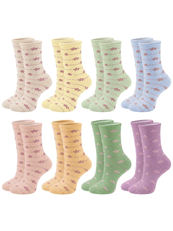 8 Pairs Cotton Womens Socks Floral Pattern Crew Socks for Women Cute Flower Daily Wear Size 5-9