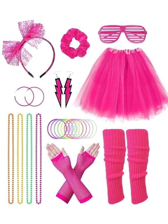 80s Costumes for Women Fancy Outfit Accessories Set with Fishnet Gloves Leg Warmers Tutu Skirts for Theme Party