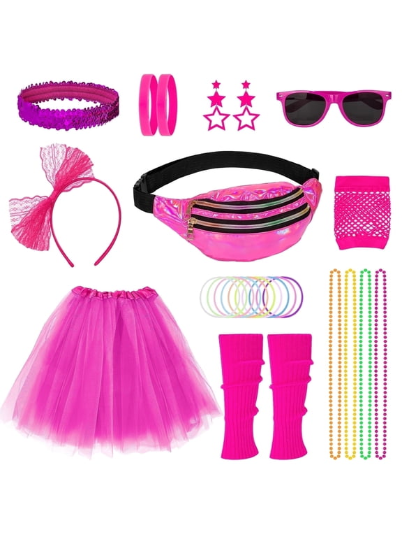 80s Costumes for Women Outfit Accessories Set with Fishnet Gloves Leg Warmers Bags Tutu Skirts for Theme Party