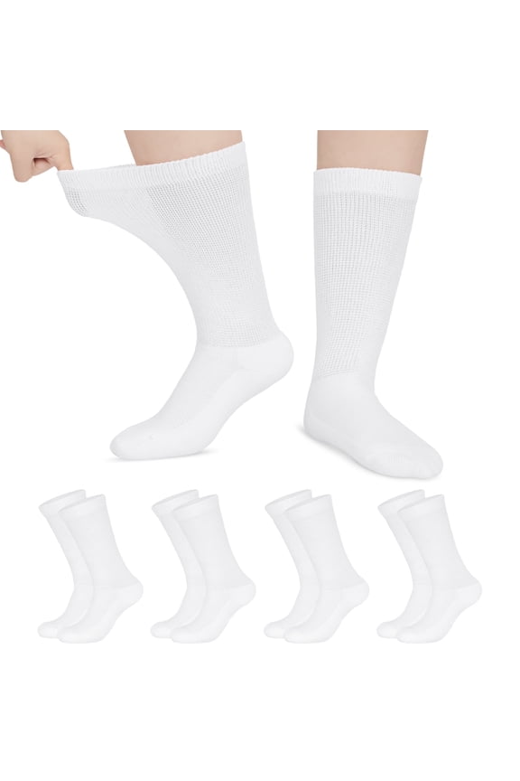 4 Pairs Diabetic Socks for Women & Men Super Soft Non-Binding Extra Wide Top Crew Socks , White