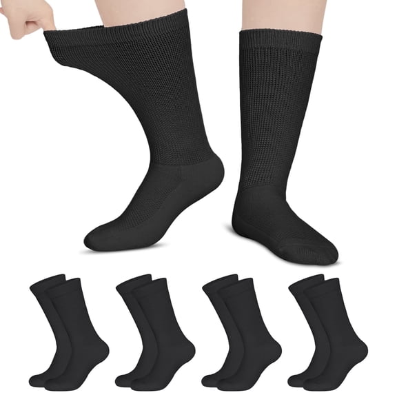 Loritta 4 Pairs Diabetic Socks for Women & Men Super Soft Non-Binding Extra Wide Top Crew Socks , Black