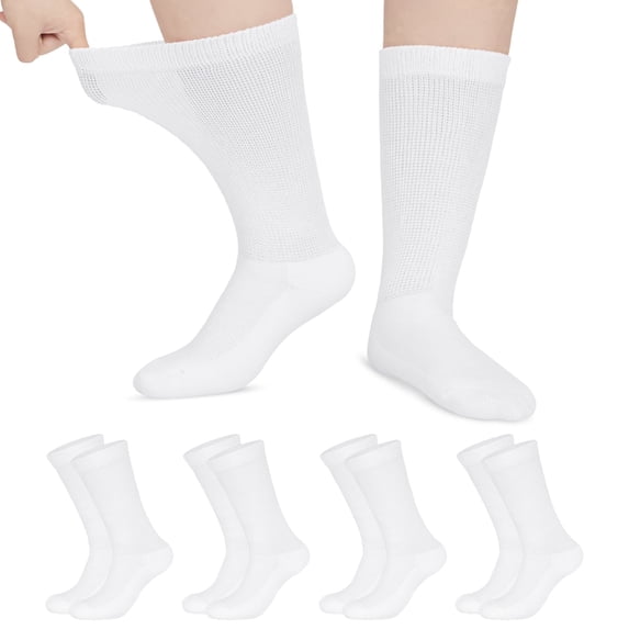 Loritta 4 Pairs Diabetic Socks for Women & Men Super Soft Non-Binding Extra Wide Top Crew Socks , White