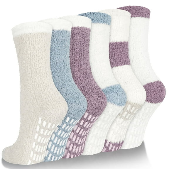 Loritta Fuzzy Socks for Women Slipper Winter Warm Cozy Socks with Grippers Womens 6 Pairs,Size 5-9