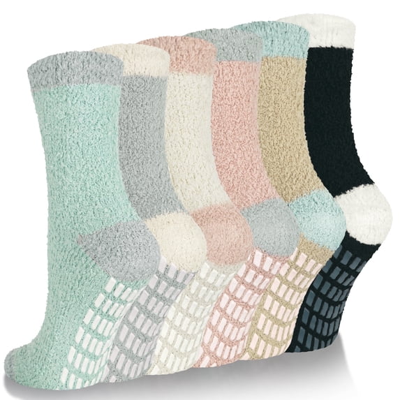 Loritta Fuzzy Socks for Women Slipper Winter Warm Cozy Socks with Grippers Womens 6 Pairs,Size 5-9