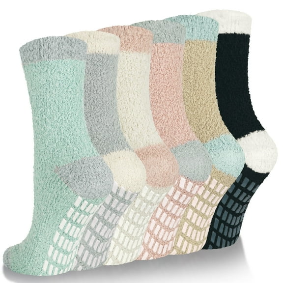 Loritta Fuzzy Socks for Women Slipper Winter Warm Cozy Socks with Grippers Womens 6 Pairs,Size 5-9