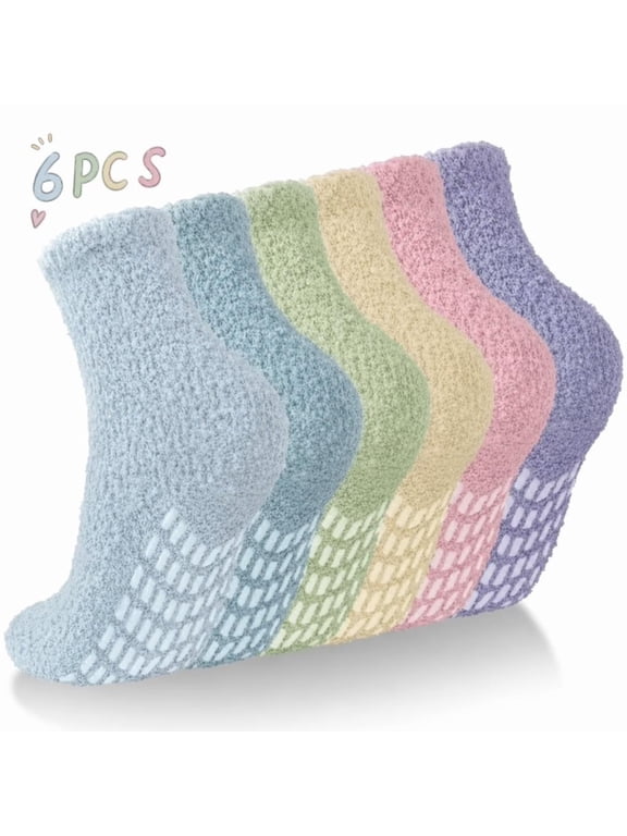 6 Pairs Fuzzy Socks for Women Slipper Winter Warm Cozy Socks with Grippers, Size 5-9