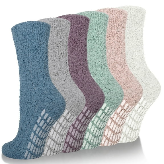Loritta Fuzzy Socks for Women Slipper Winter Warm Cozy Socks with Grippers Womens 6 Pairs,Size 5-9