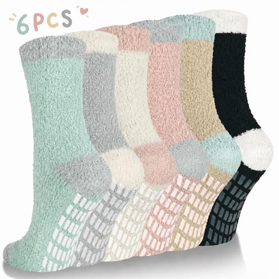 Loritta Fuzzy Socks for Women Slipper Winter Warm Cozy Socks with Grippers Womens 6 Pairs,Size 5-9