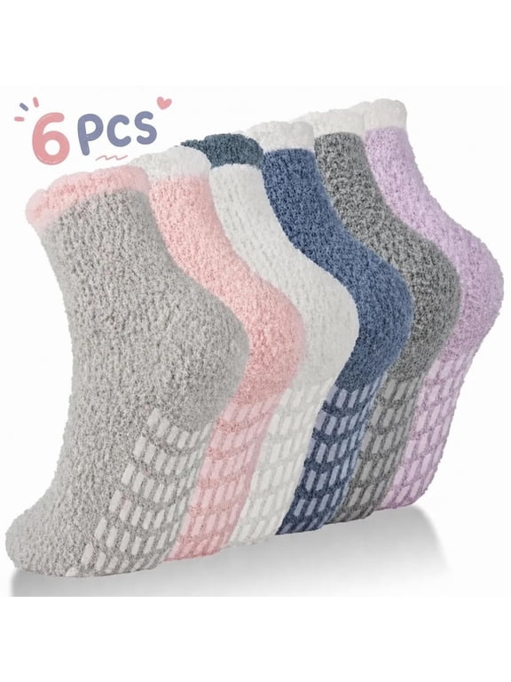 6 Pairs Fuzzy Socks for Women Slipper Winter Warm Cozy Socks with Grippers, Size 5-9
