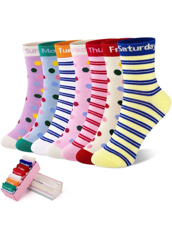 Lorrita Socks for Girls Funny 7 Days of the Week Cotton Little Girl Socks Novelty Girl Socks Gift Box, 7-10 Years Old