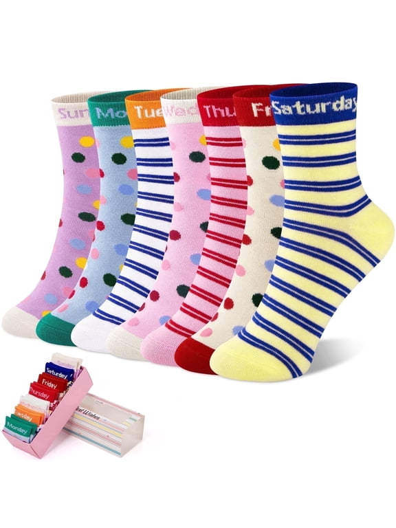 Lorrita Toddler Socks for Girls Funny 7 Days of the Week Cotton Little Girl Socks Novelty Girl Socks Gift Box, 7-10 Years Old