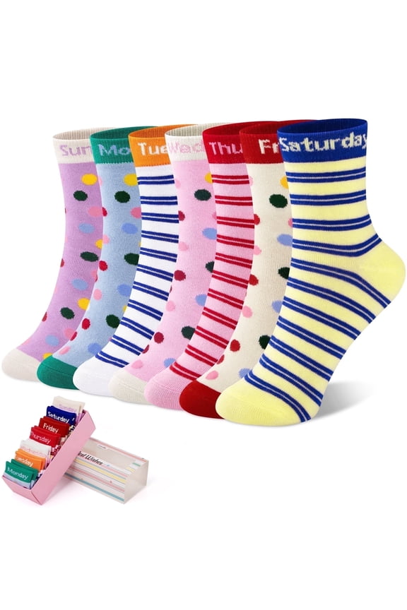 Lorrita Toddler Socks for Girls Funny 7 Days of the Week Cotton Little Girl Socks Novelty Girl Socks Gift Box, 4-7 Years Old