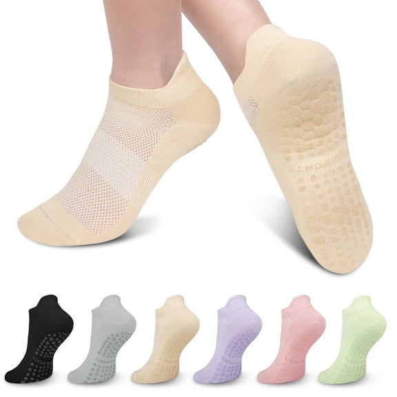 Loritta Grip Socks Pilates for Woman Non Slip Yoga Sock with Grips for Ballet Workout Hospital, 6 Pairs