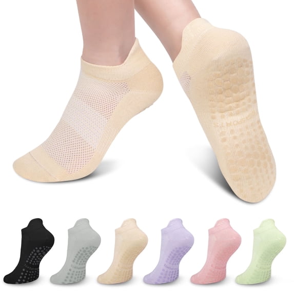 Loritta Grip Socks Pilates for Woman Non Slip Yoga Sock with Grips for Ballet Workout Hospital, 6 Pairs