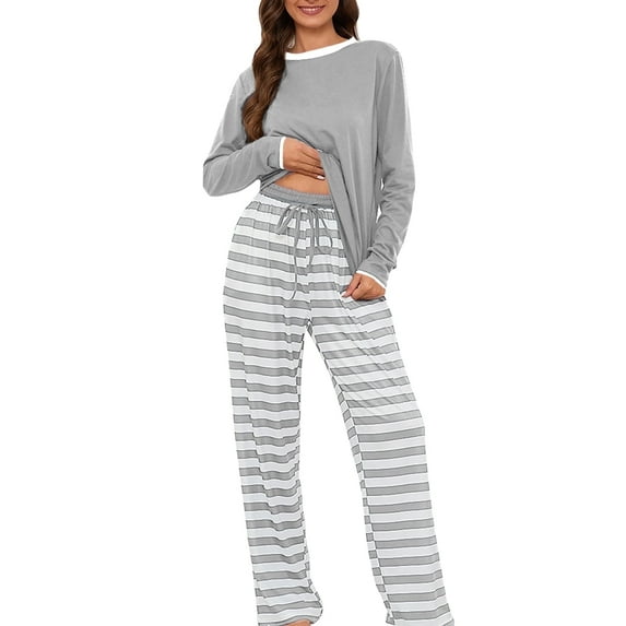 Loritta Lounge Set Womens 2 Piece Outfits Long Sleeve Round Neck Pajamas Striped Sleepwear Pants for Women S-2XL