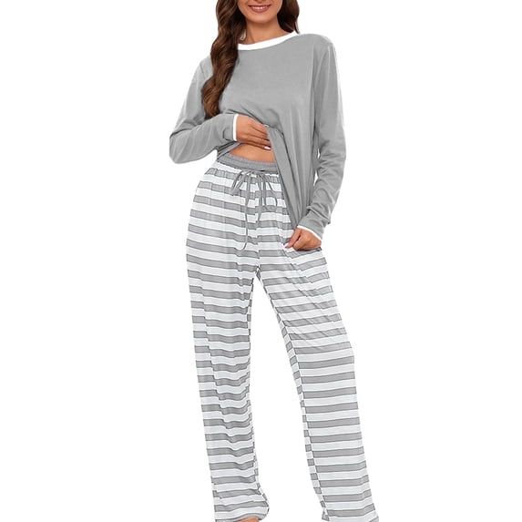 Loritta Women's Pajamas 2 Piece Set Long Sleeve Round Neck Sleepwear Soft Striped Pants Lounge Sets with Pocket, S-2XL