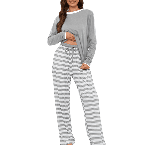 Loritta Women's Pajamas 2 Piece Set Long Sleeve Round Neck Sleepwear Soft Striped Pants Lounge Sets with Pocket, S-2XL