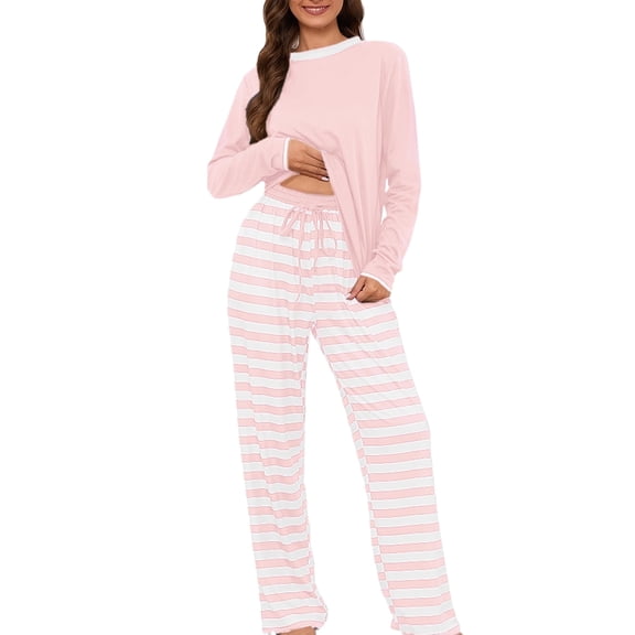 Loritta Lounge Set Womens 2 Piece Outfits Long Sleeve Round Neck Pajamas Striped Sleepwear Pants for Women S-2XL