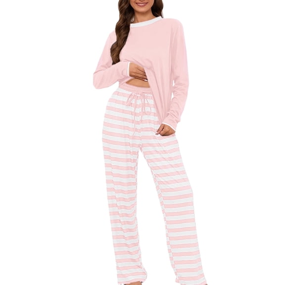 Loritta Lounge Set Womens 2 Piece Outfits Long Sleeve Round Neck Pajamas Striped Sleepwear Pants for Women S-2XL