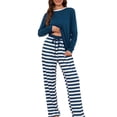 thumbnail image 1 of Loritta Lounge Set Womens 2 Piece Outfits Long Sleeve Round Neck Pajamas Striped Sleepwear Pants for Women S-2XL, 1 of 6