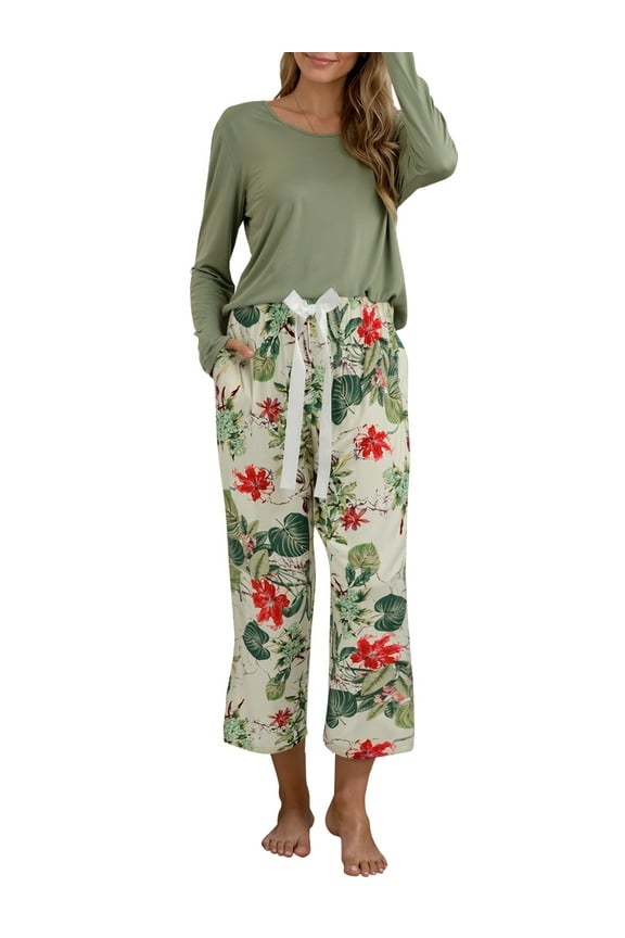 Lounge Set for Women 2 Piece Outfits Long Sleeve Round Neck Pjs Sleepwear