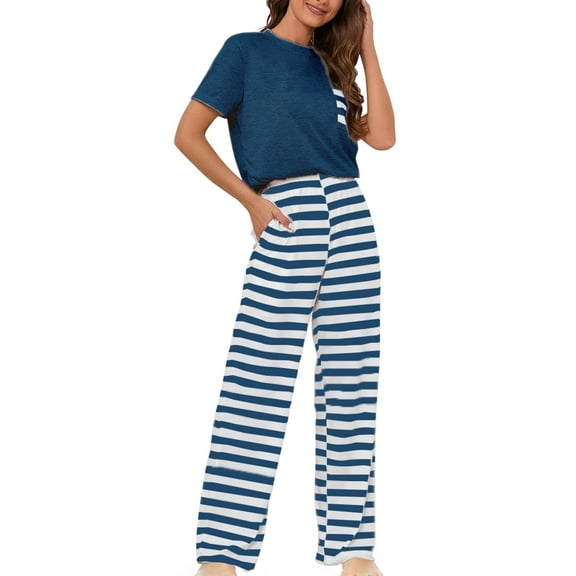 Loritta Lounge Set Womens 2 Piece Outfits Short Sleeve Round Neck Pajamas Striped Sleepwear Pants for Women S-2XL