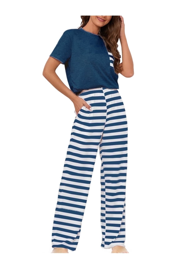 Lounge Set Womens 2 Piece Outfits Short Sleeve Round Neck Pajamas Striped Sleepwear Pants for Women S-2XL