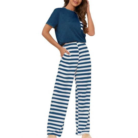 Loritta Lounge Set Womens 2 Piece Outfits Short Sleeve Round Neck Pajamas Striped Sleepwear Pants for Women S-2XL