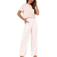 thumbnail image 1 of Loritta Lounge Set Womens 2 Piece Outfits Short Sleeve Round Neck Pajamas Striped Sleepwear Pants for Women S-2XL, 1 of 6