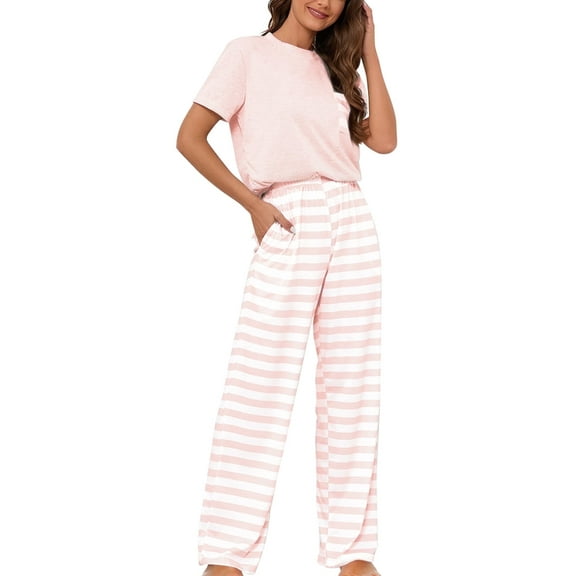Loritta Lounge Set Womens 2 Piece Outfits Short Sleeve Round Neck Pajamas Striped Sleepwear Pants for Women S-2XL