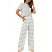 LORITTA Lounge Set Womens 2 Piece Outfits Short Sleeve Round Neck Pajamas Striped Sleepwear Pants for Women S-2XL